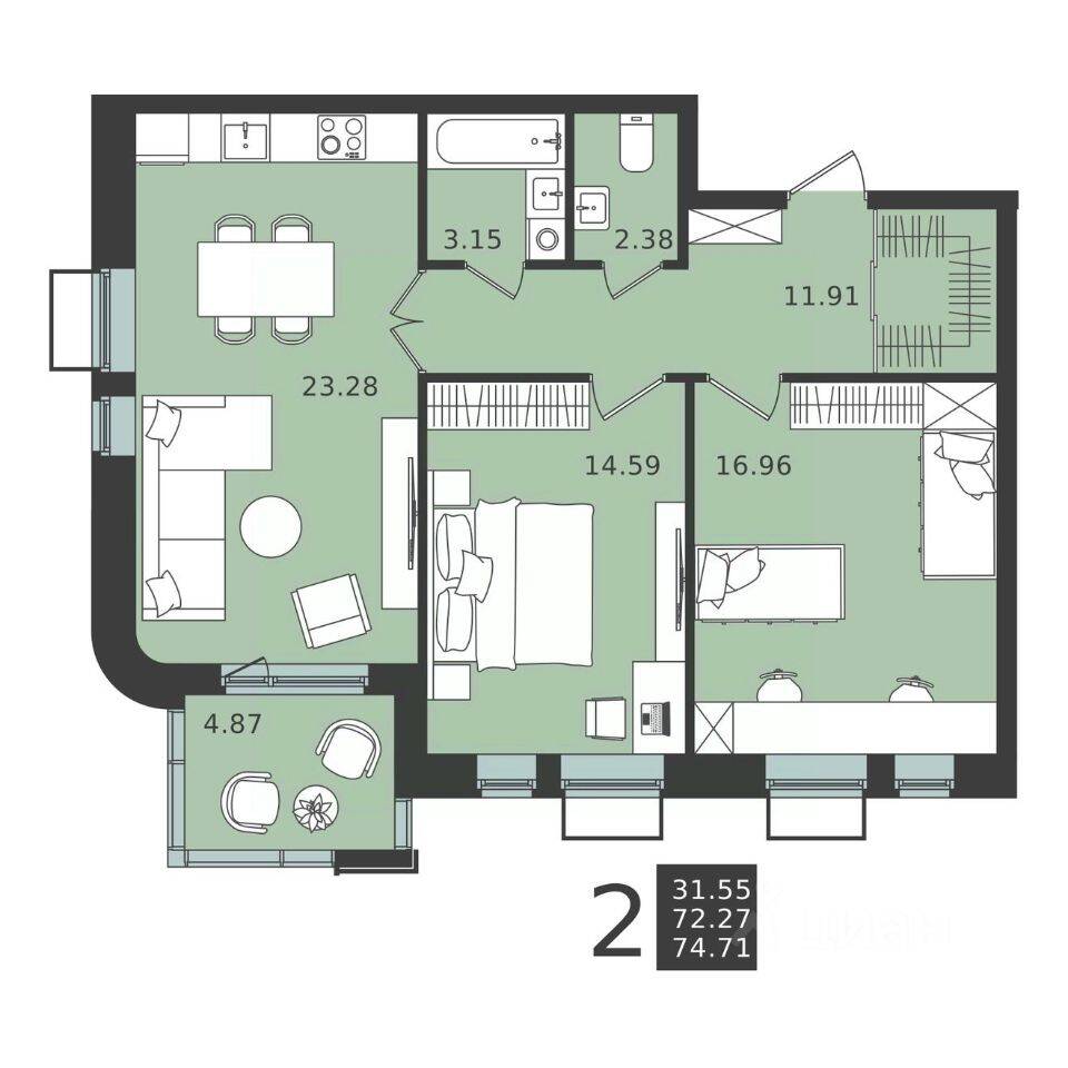 Планировка 2 комнатной квартиры, 74.71 м², в «Мишино-2»
