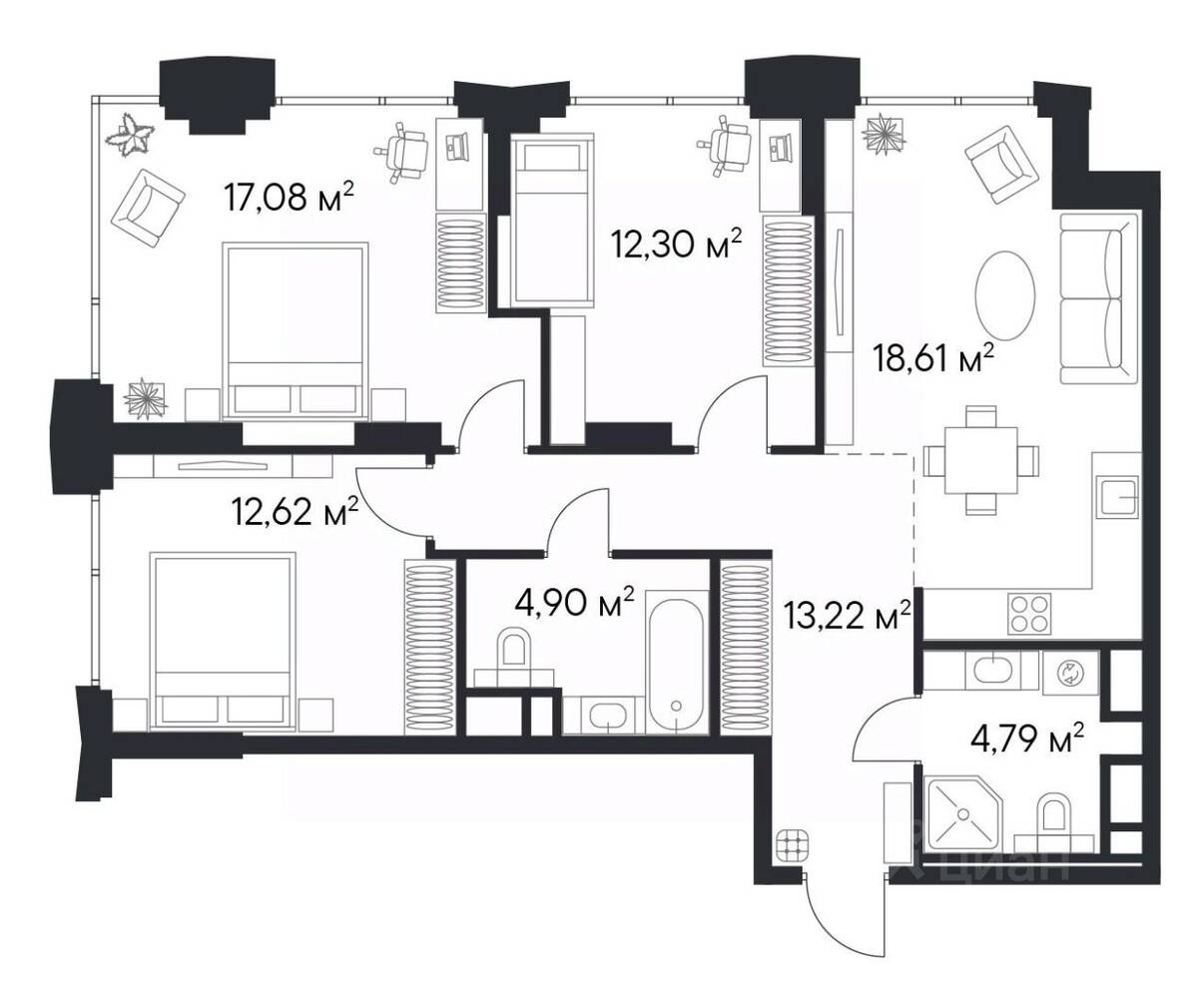 3-комн. квартира, 85,37 м², в ЖК 1-й Нагатинский