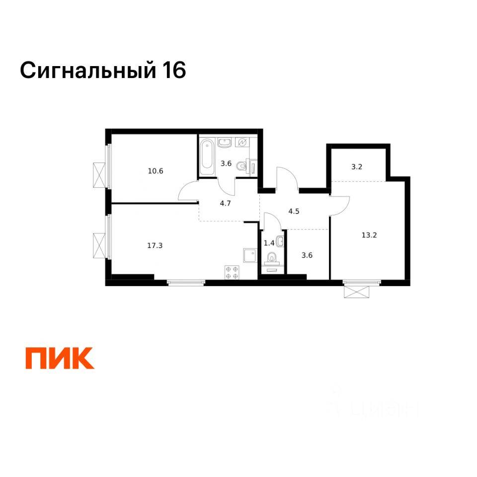 2-комн. квартира, 62,1 м², в ЖК Сигнальный 16