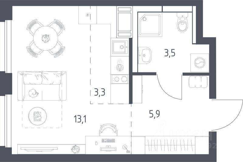 Планировка 1 комнатной квартиры, 25.4 м², в «Мытищи Парк»