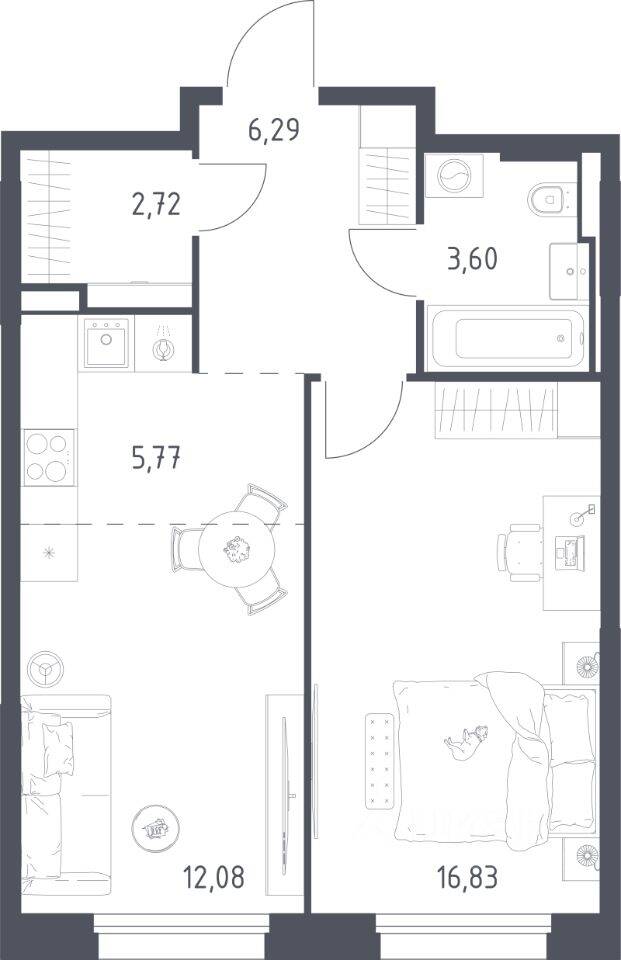 1-комн. квартира, 47,29 м², в ЖК Заречье Парк