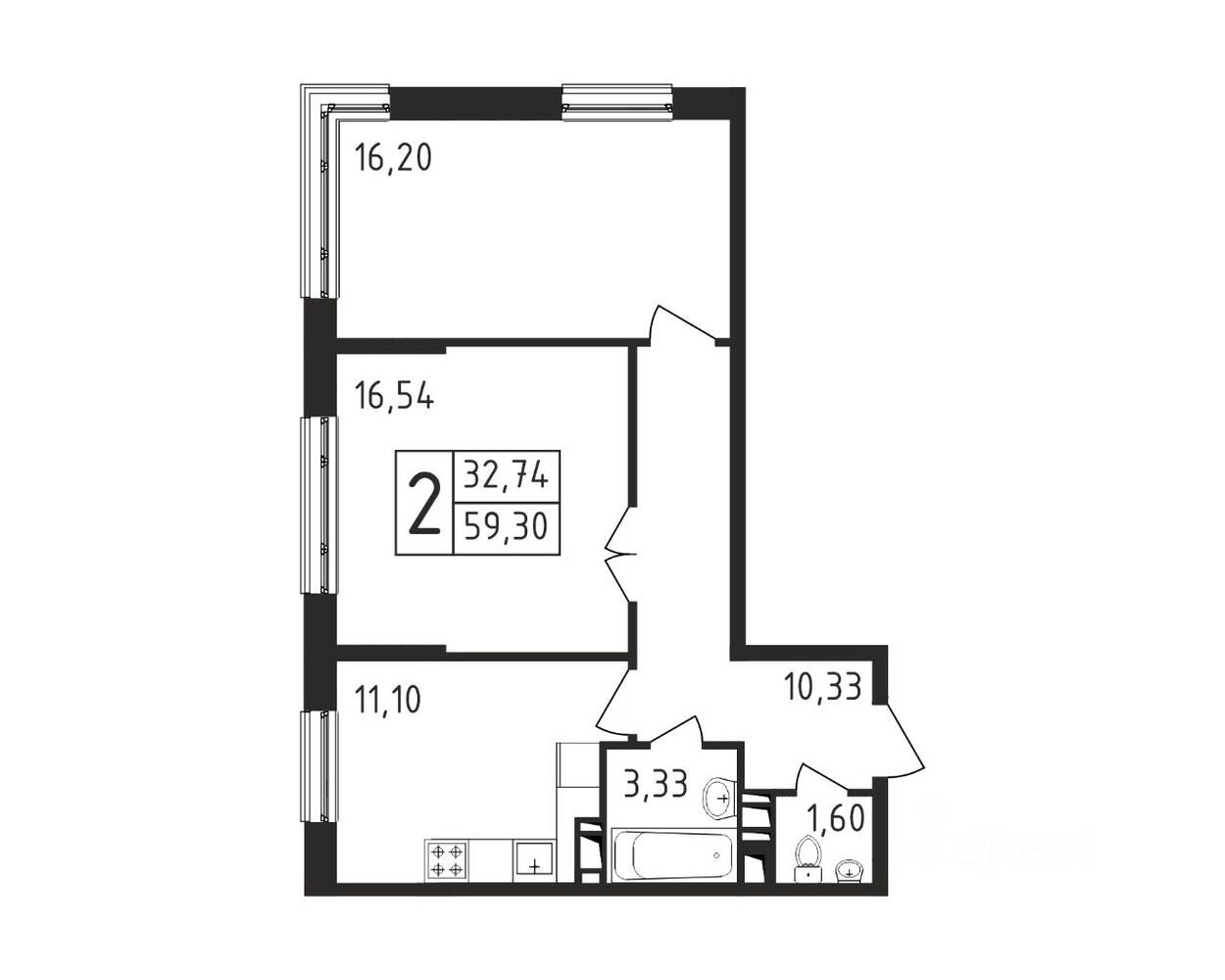 2-комн. квартира, 59,3 м², в ЖК Серебро
