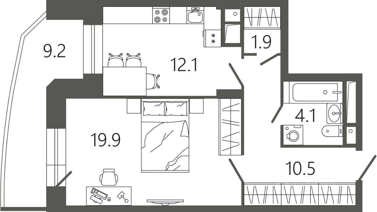 Планировка 1 комнатной квартиры, 51.3 м², в «Советская 18»