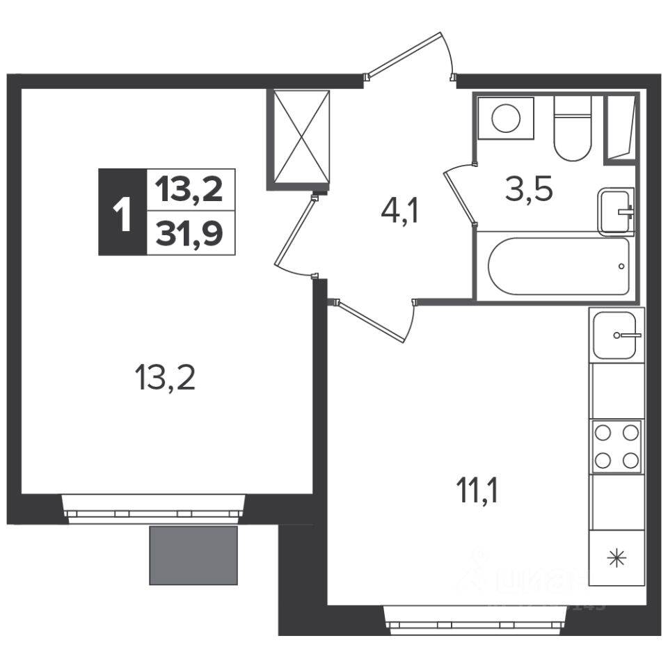 1-комн. квартира, 31,8 м², в ЖК «Южная Битца»