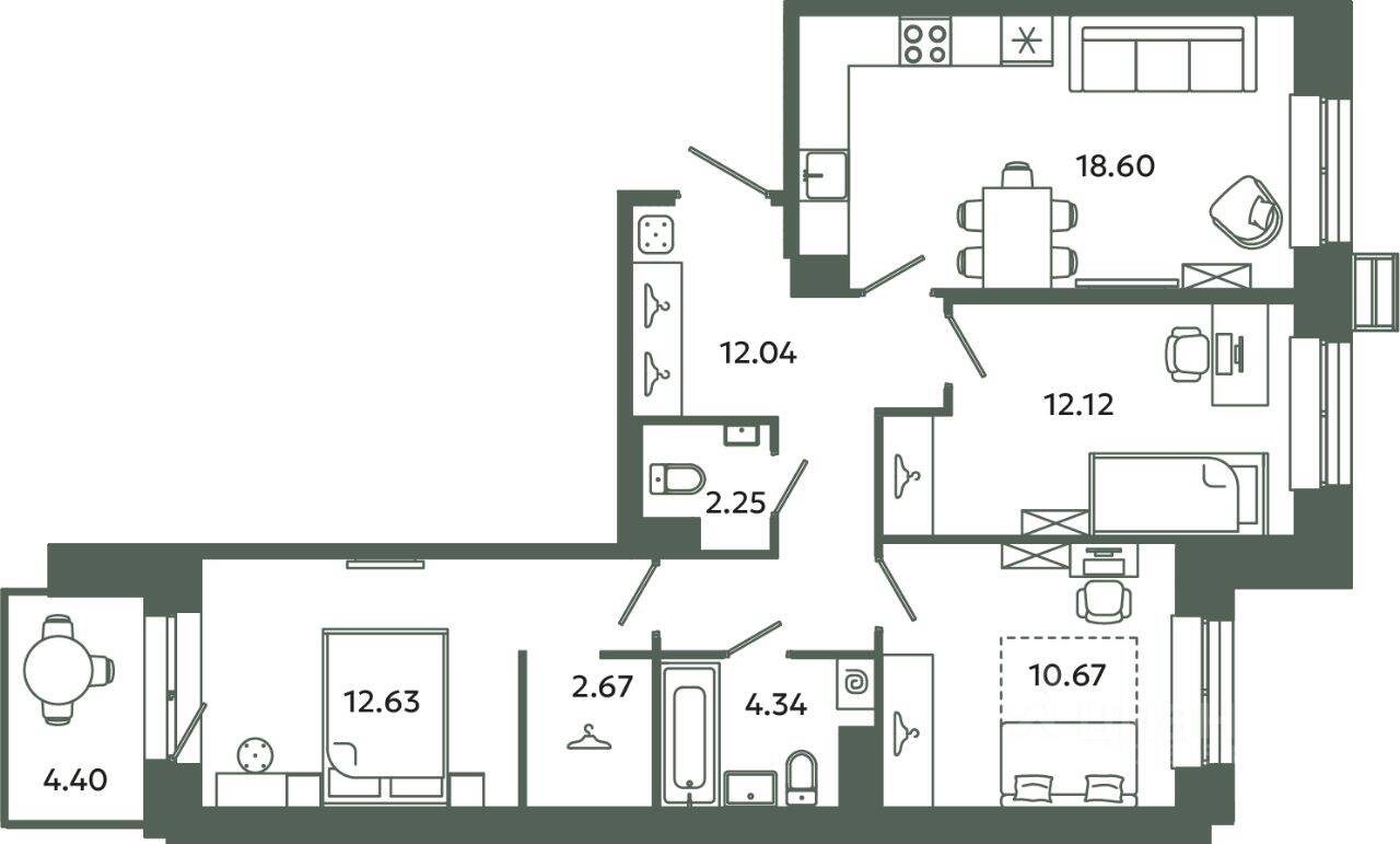 3-комн. квартира, 75,32 м², в ЖК Загляденье