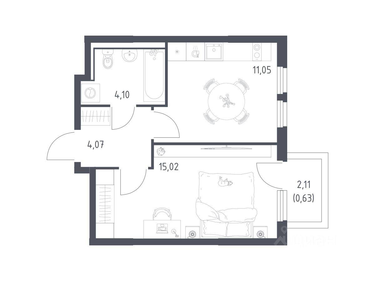 1-комн. квартира, 34,87 м², в ЖК «Пригород Лесное»
