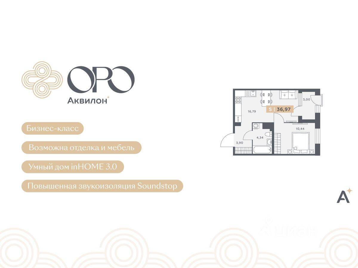 Планировка 2 комнатной квартиры, 36.97 м², в «ORO by Akvilon»