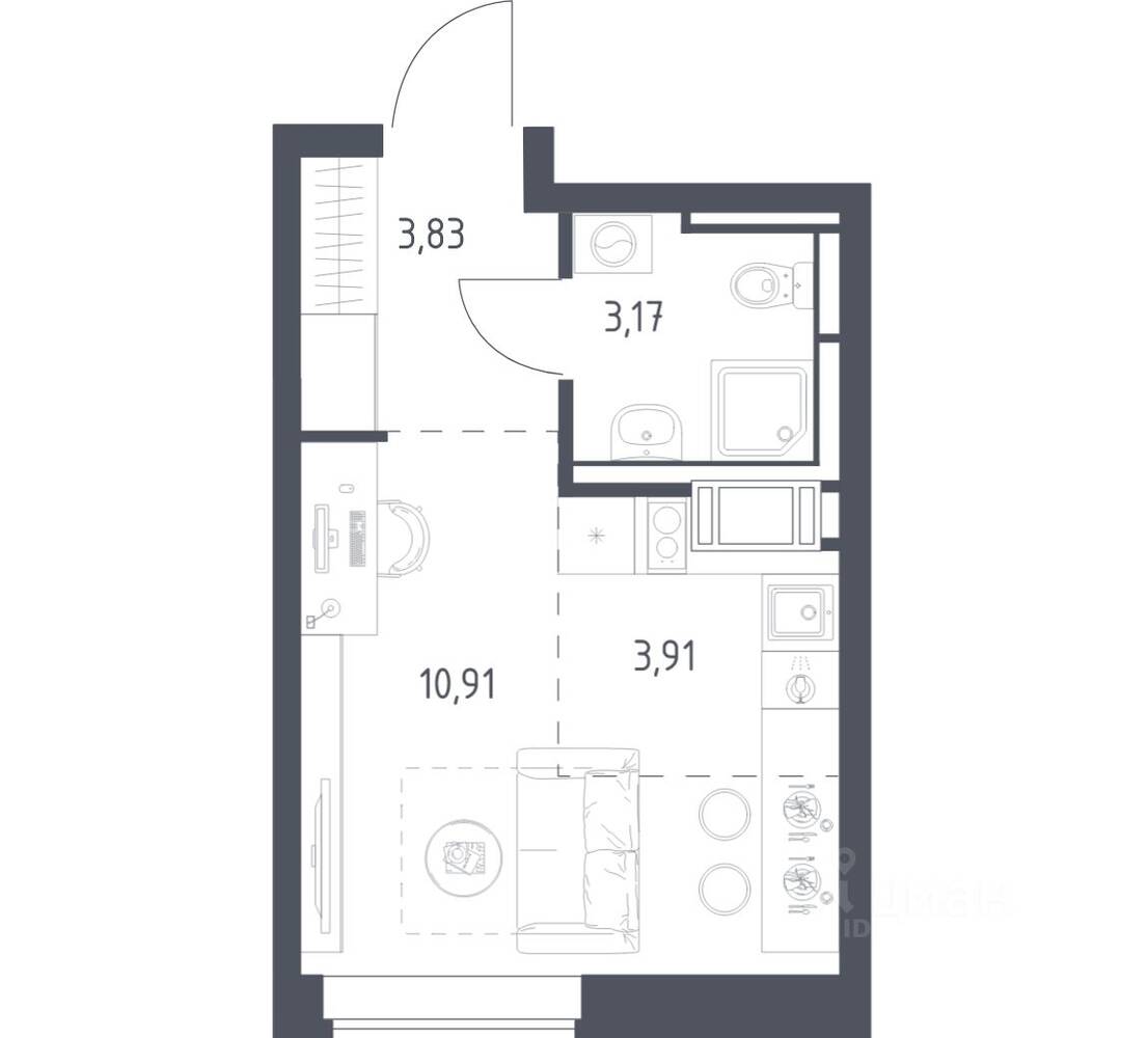 Планировка 1 комнатной квартиры, 21.82 м², в «Большое Путилково»