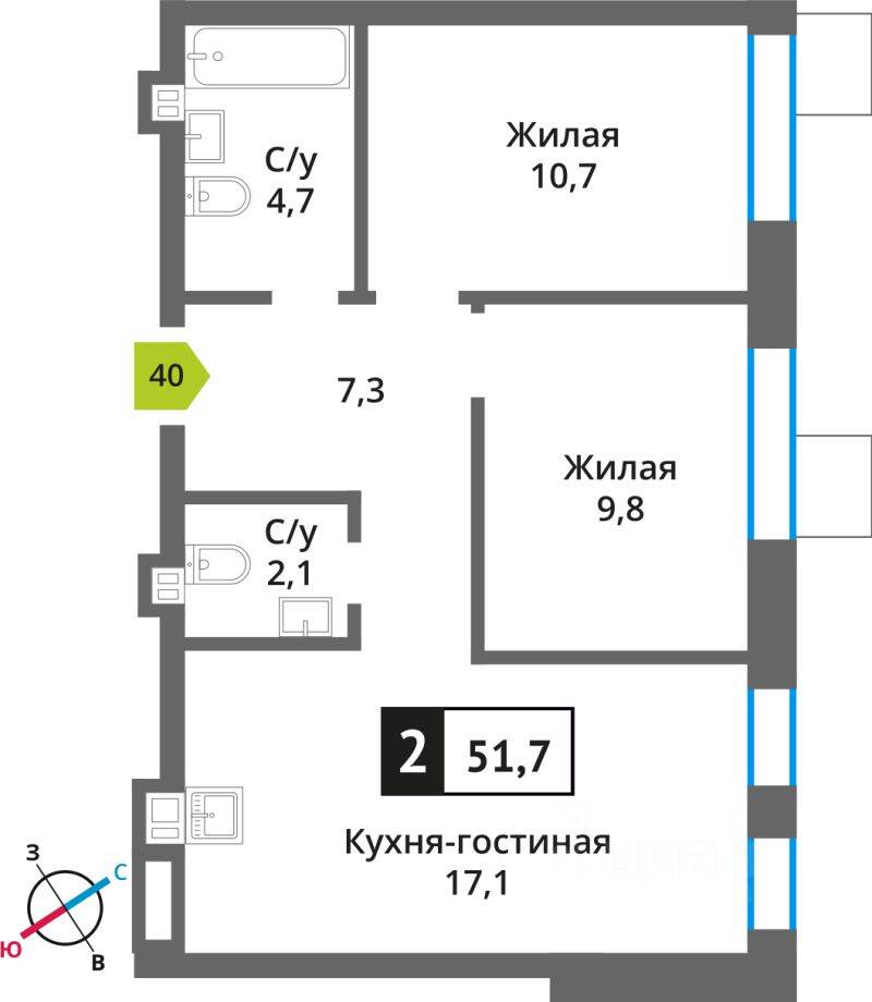 1-комн. квартира, 51,7 м², в ЖК Никольский квартал Отрада