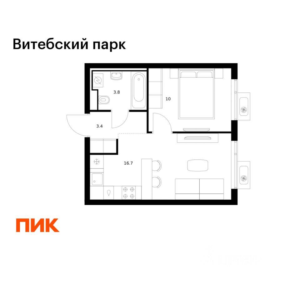 1-комн. квартира, 33,9 м², в ЖК Витебский парк