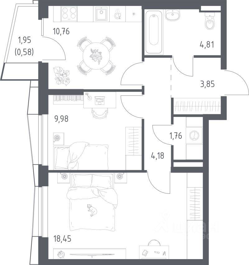 2-комн. квартира, 54,37 м², в ЖК Квартал Авиаторов