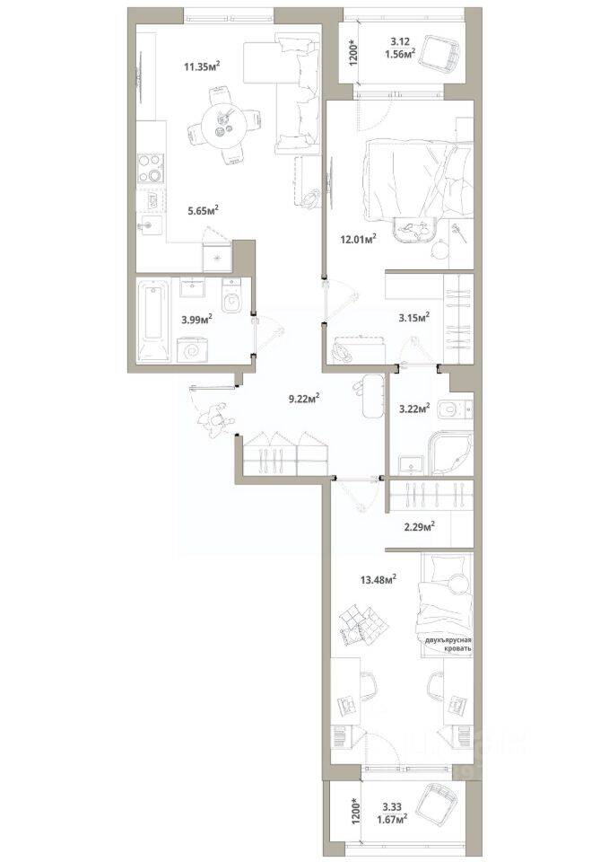 2-комн. квартира, 67,59 м², в ЖК «Тишин»
