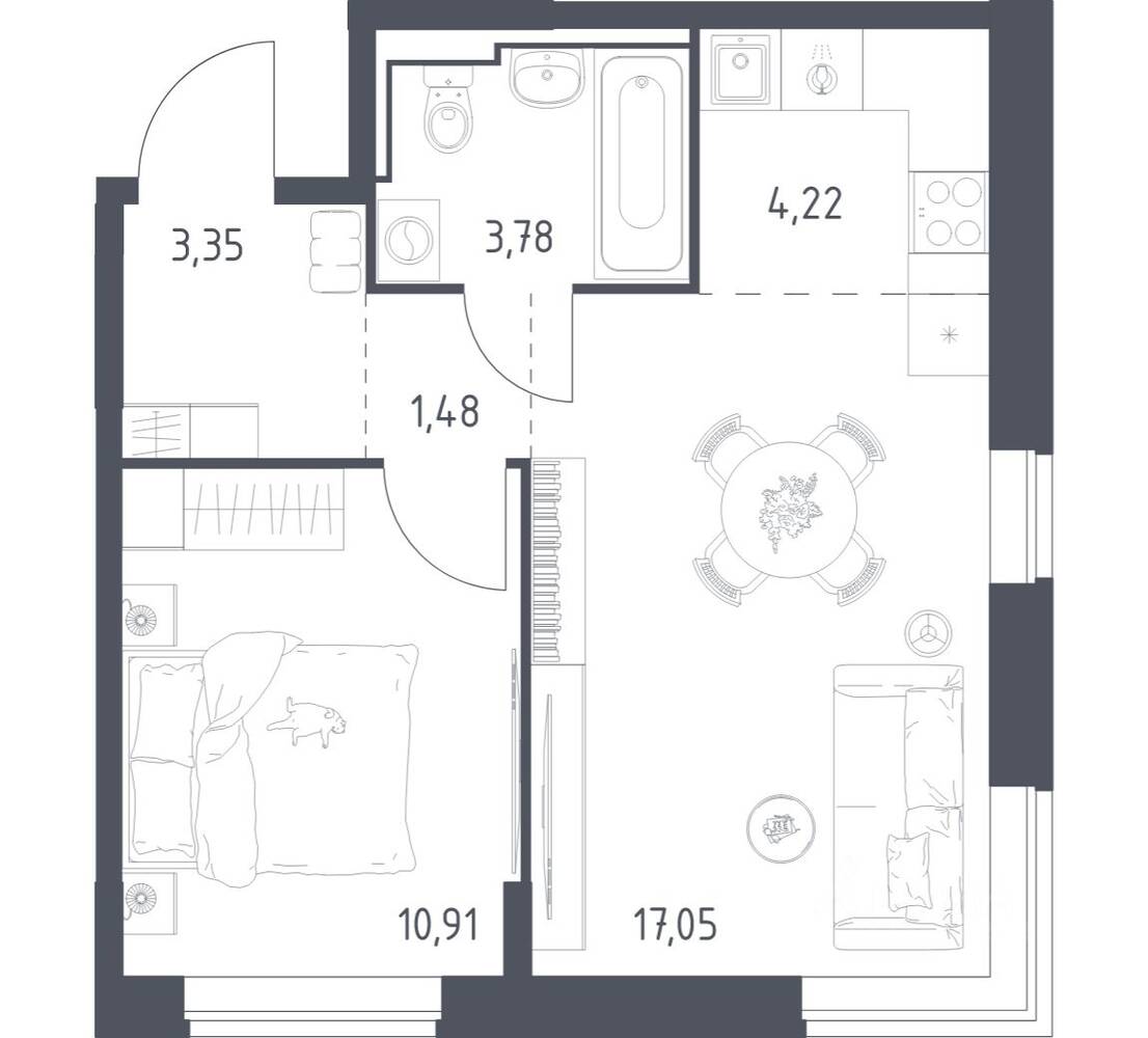 1-комн. квартира, 40,79 м², в ЖК Богдановский Лес