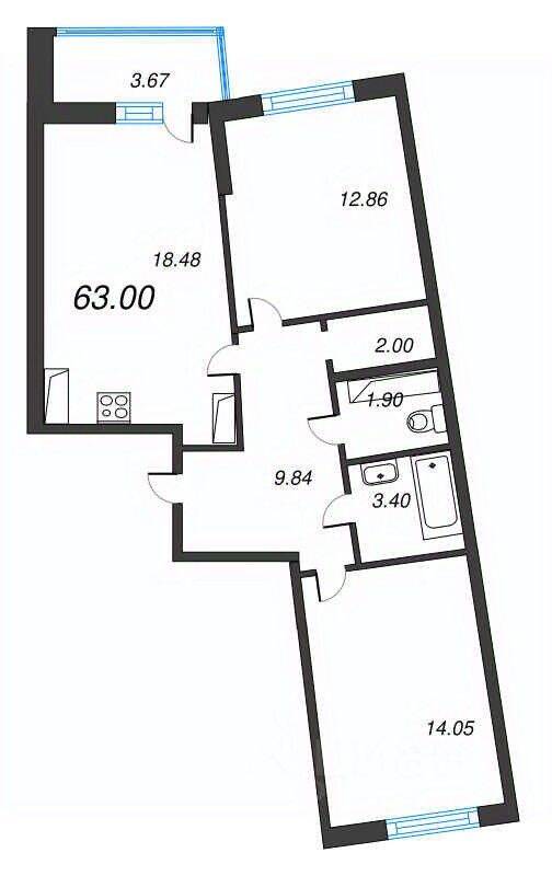 3-комн. квартира, 63 м², в ЖК Левитан