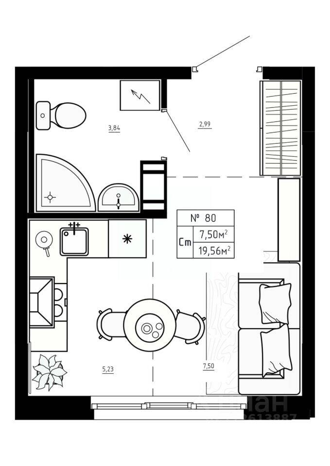 Планировка 1 комнатной квартиры, 19.56 м², в «Аннино Сити»