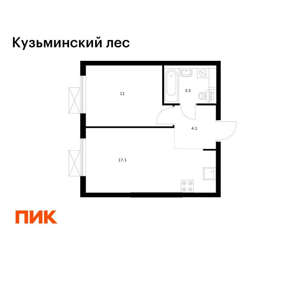 Планировка 1 комнатной квартиры, 35.7 м², в «Кузьминский лес»