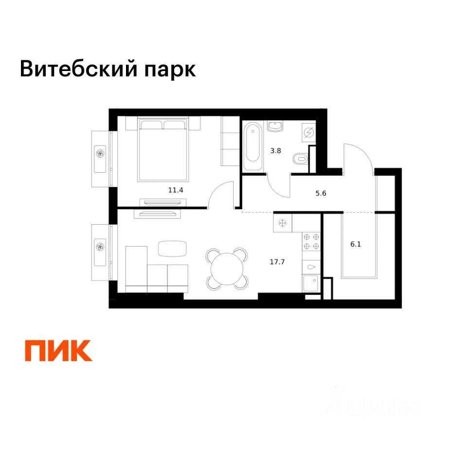 1-комн. квартира, 44,6 м², в ЖК Витебский парк