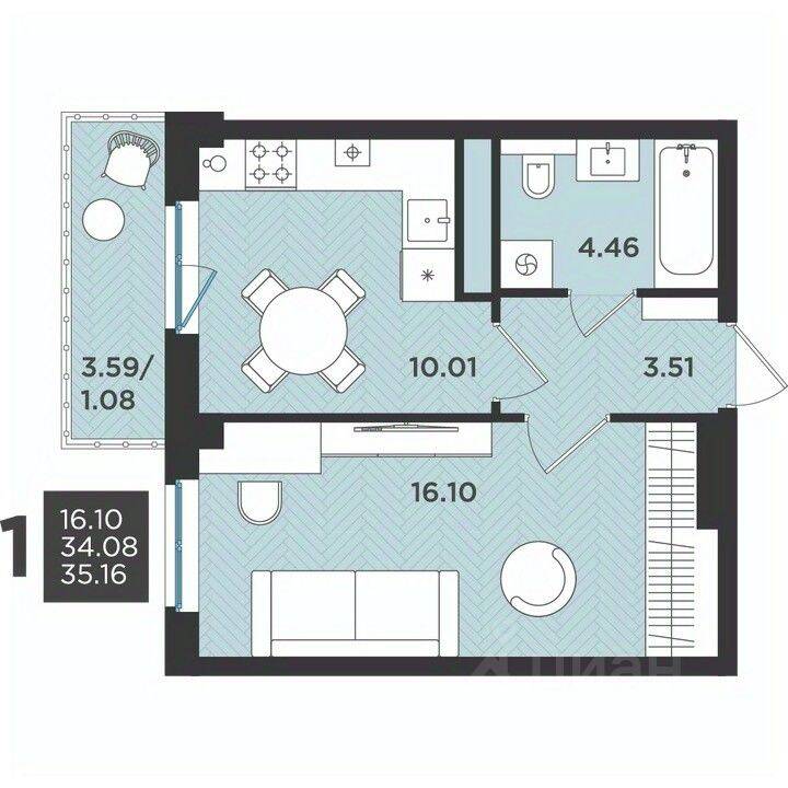Планировка 1 комнатной квартиры, 35.16 м², в «Новокасимово»