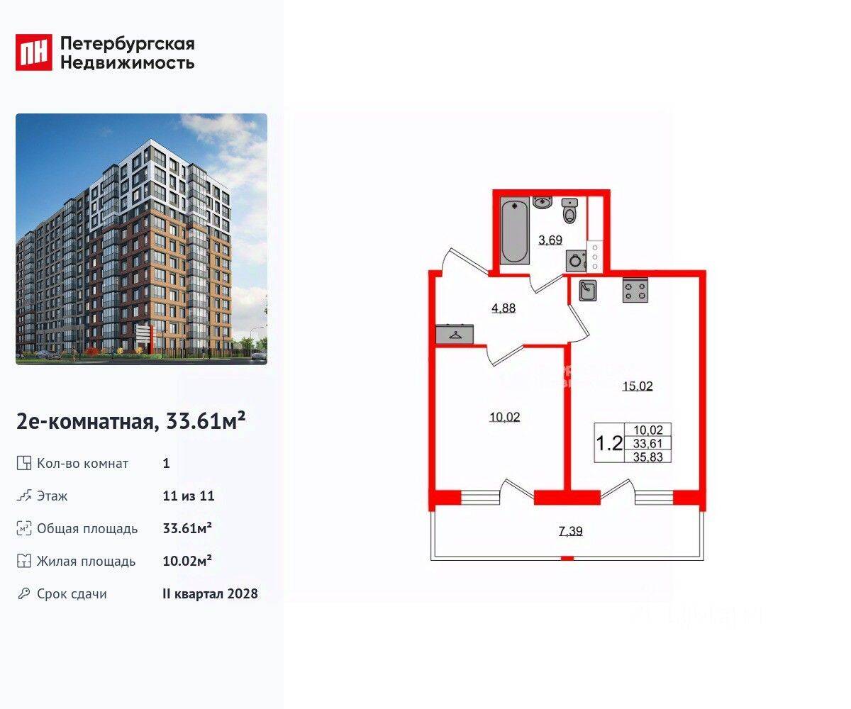 1-комн. квартира, 33,61 м², в ЖК Астра Континенталь