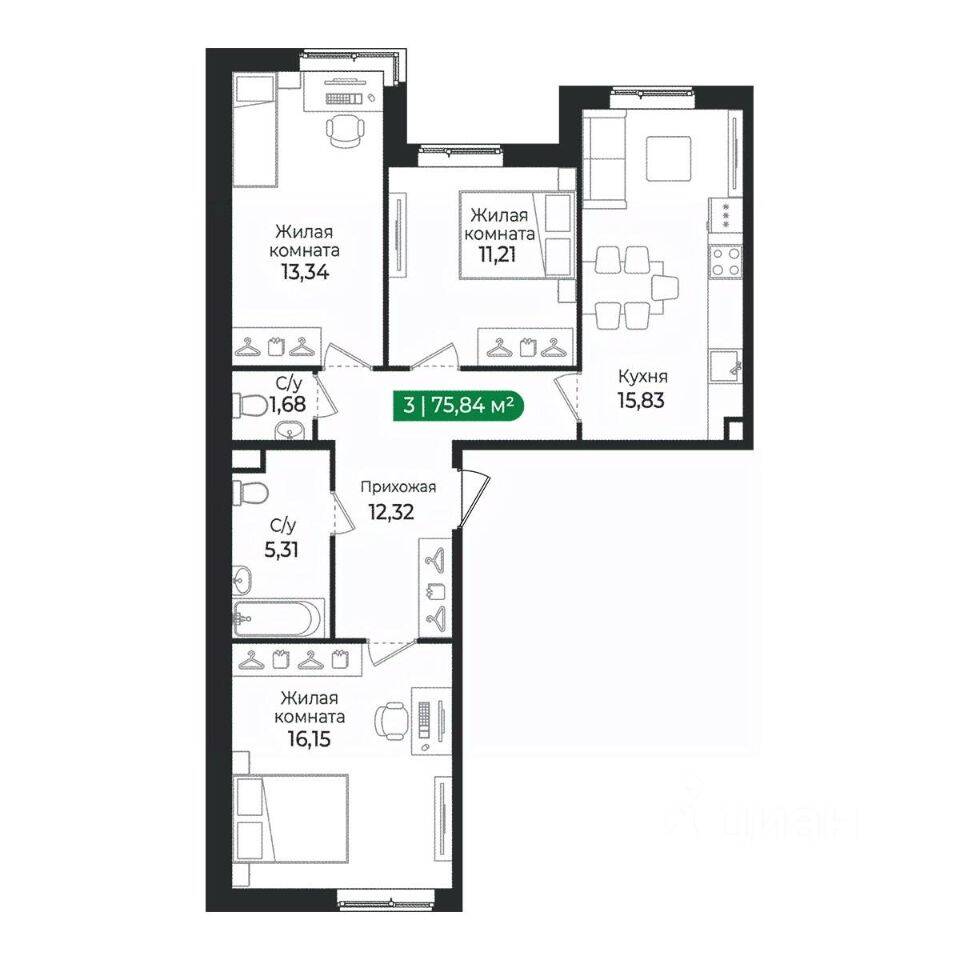 3-комн. квартира, 75,84 м², в ЖК Sertolovo Park
