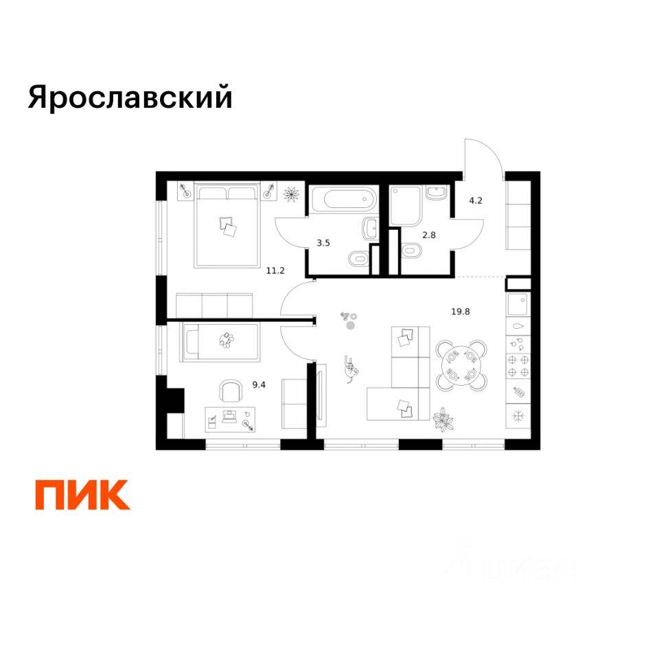 2-комн. квартира, 50,9 м², в ЖК «Ярославский»
