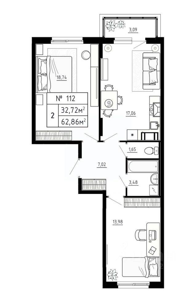 2-комн. квартира, 62,86 м², в Малоэтажный ЖК Аннино Сити