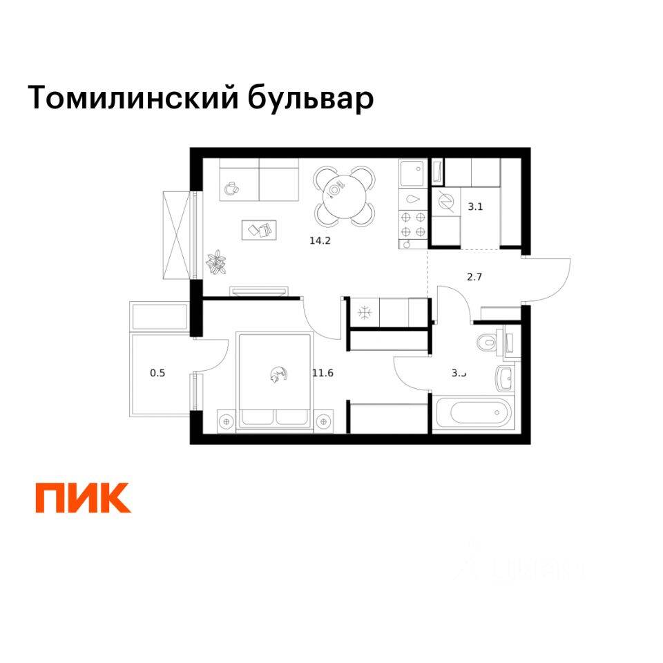1-комн. квартира, 35,6 м², в ЖК Томилинский бульвар
