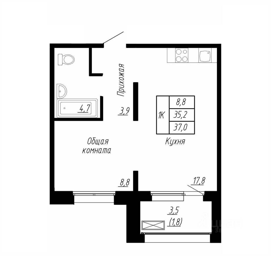 Планировка 1 комнатной квартиры, 37 м², в «Сибирь»