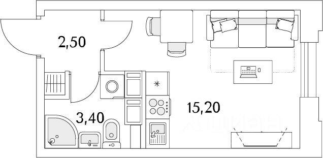 Квартира-студия, 21 м², в ЖК Тайм Сквер