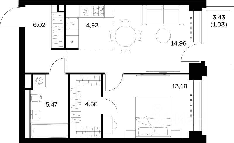 1-комн. квартира, 50,15 м², в ЖК Nova