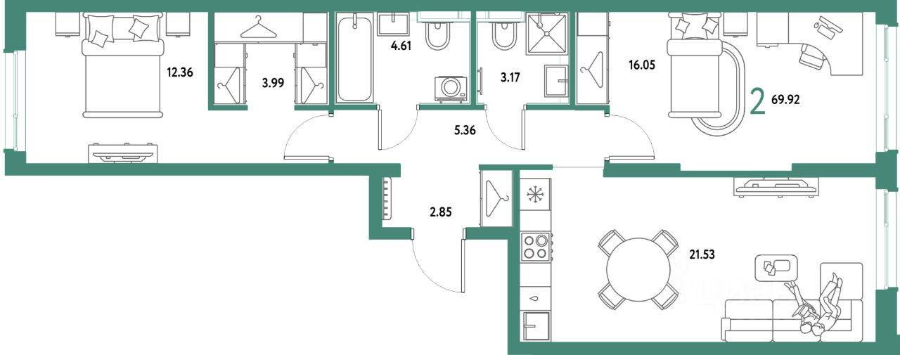 2-комн. квартира, 69,92 м², в ЖК Страна.Парковая