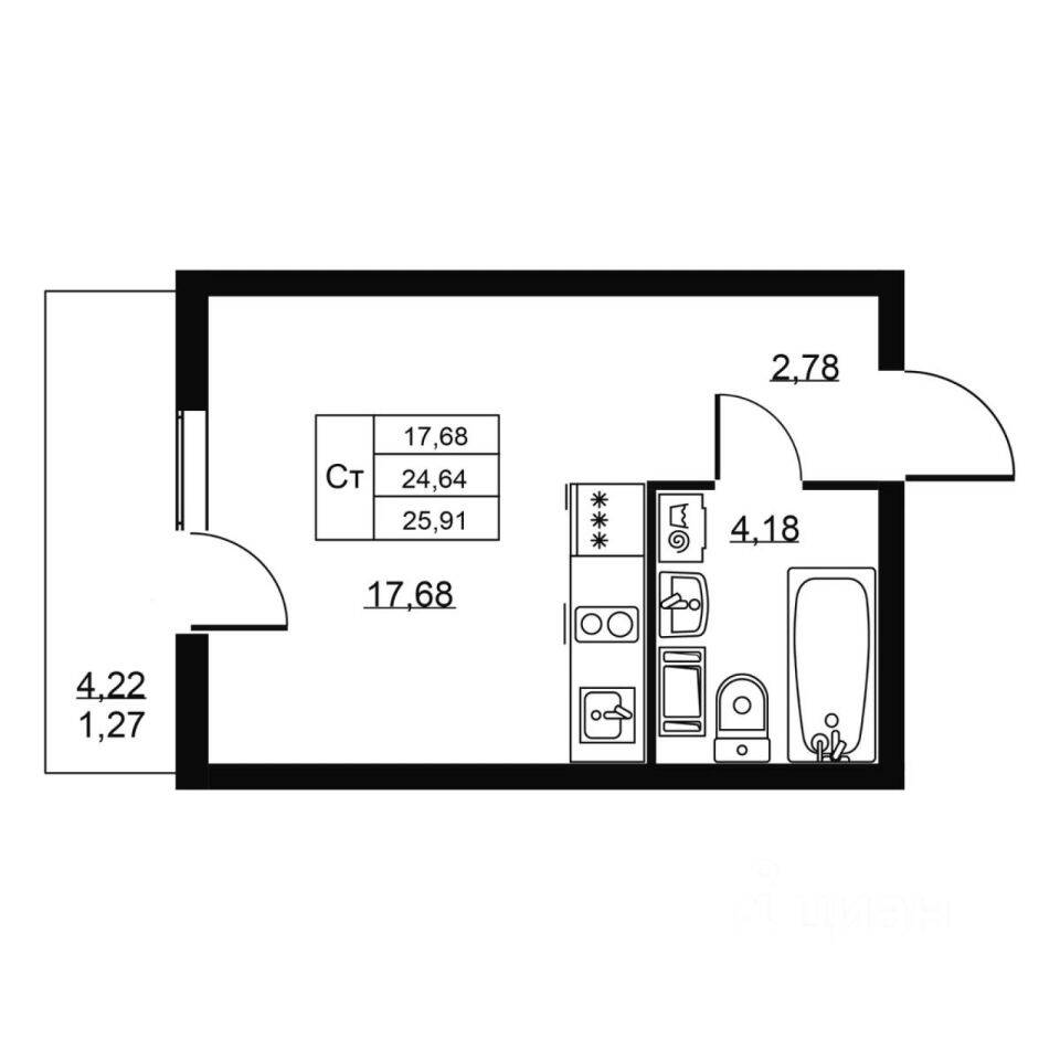 Квартира-студия, 25,91 м², в ЖК Перспектива
