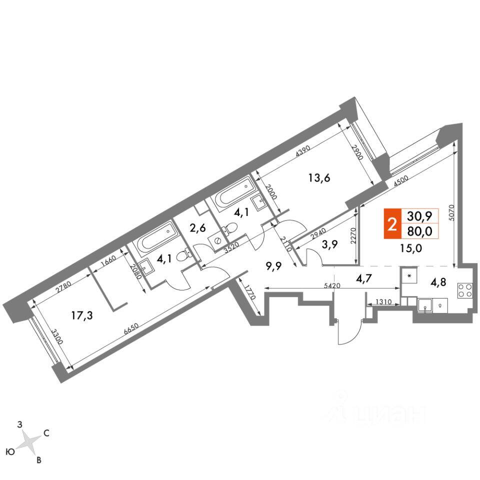 Планировка 2 комнатной квартиры, 80 м², в «Архитектор»
