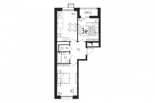 Планировка 2 комнатной квартиры, 54.3 м², в «Берег»
