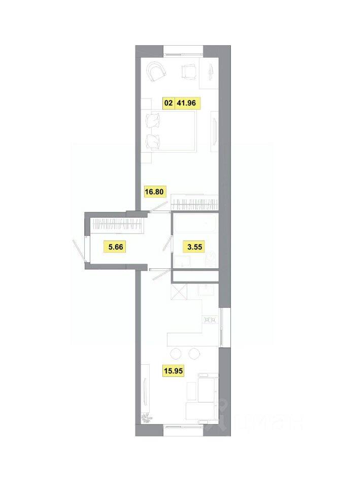 2-комн. квартира, 41,96 м², в ЖК Радость