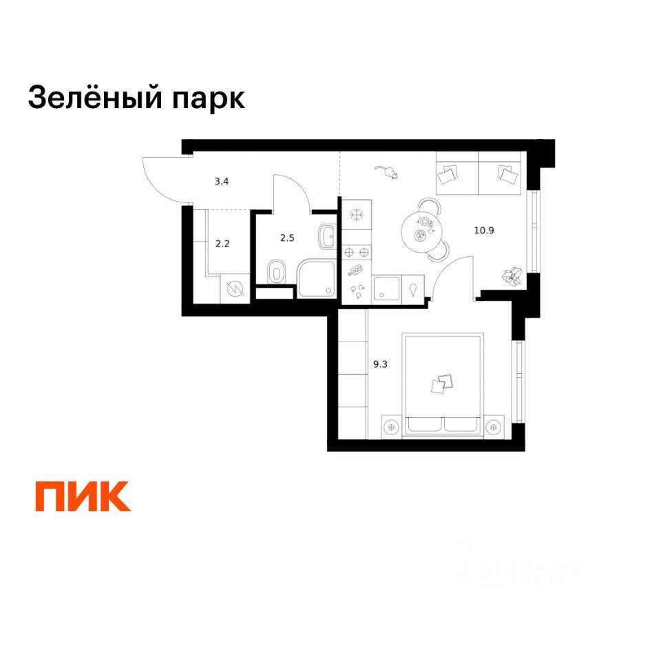 1-комн. квартира, 28,3 м², в ЖК Зеленый парк