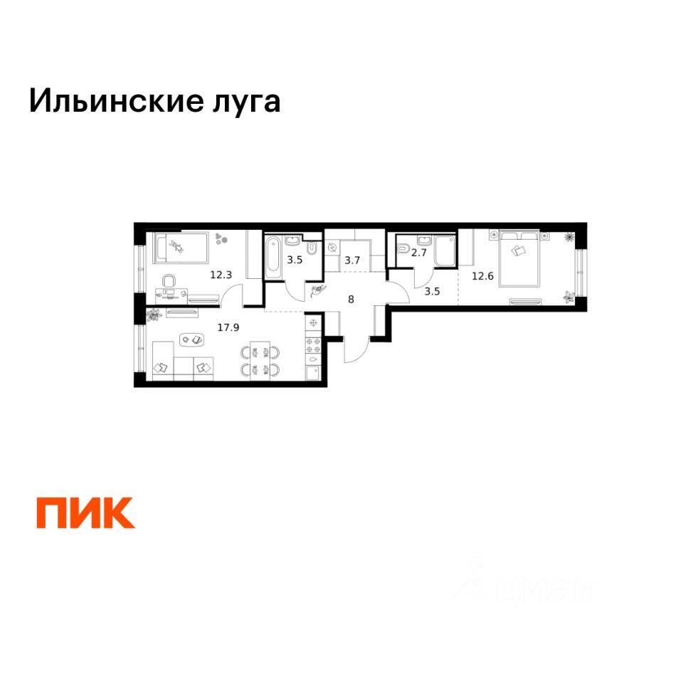2-комн. квартира, 64,2 м², в ЖК «Ильинские луга»