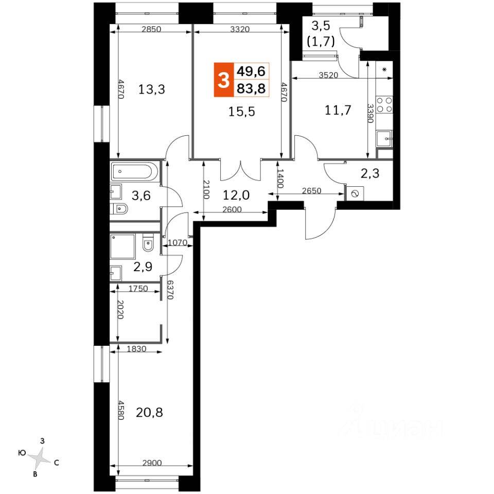 3-комн. квартира, 83,6 м², в ЖК Sky Garden