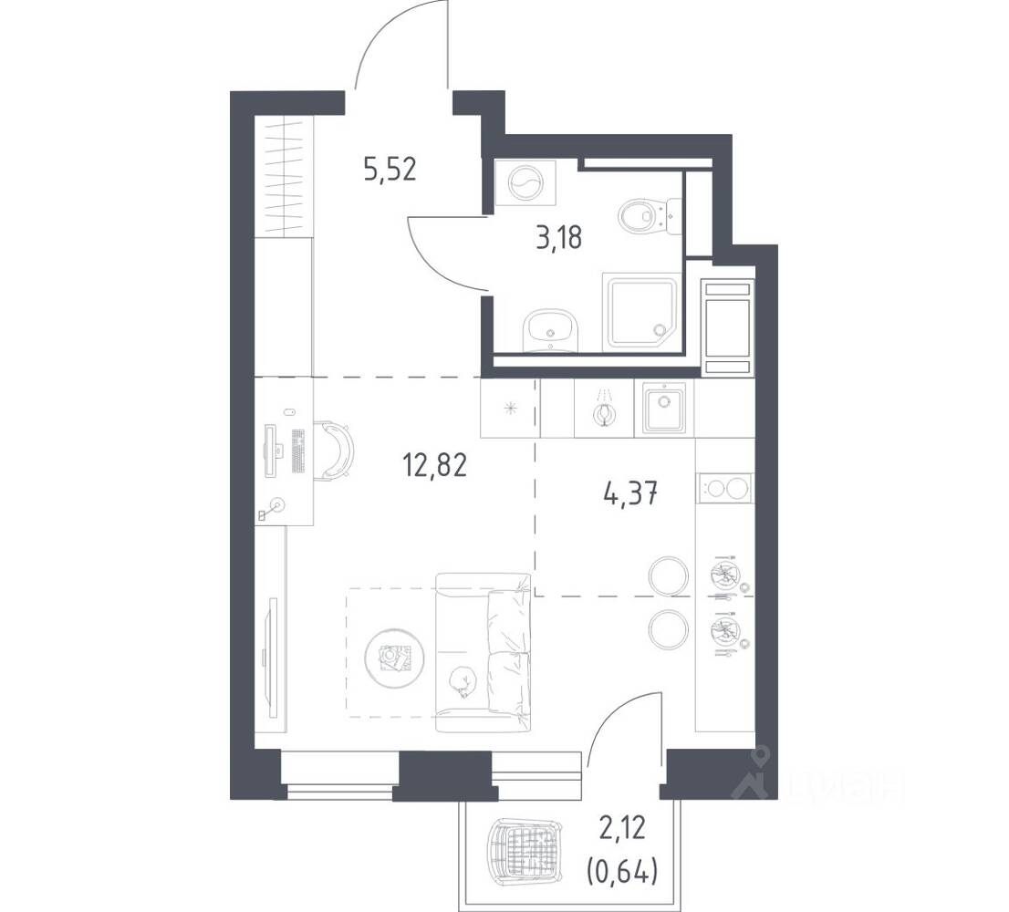 Планировка 1 комнатной квартиры, 26.53 м², в «Большое Путилково»