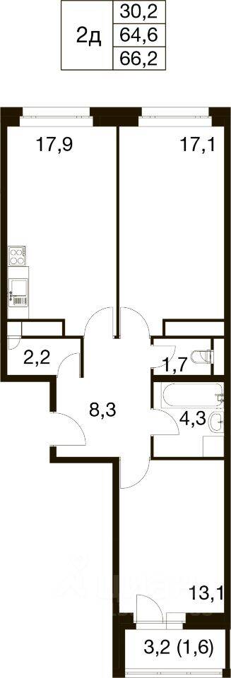 3-комн. квартира, 64,2 м², в ЖК Идеал