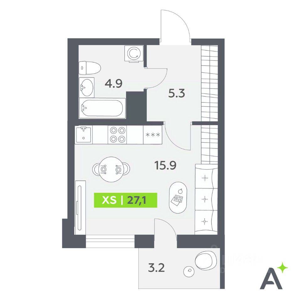 Планировка 1 комнатной квартиры, 27.1 м², в «Аквилон All in 3.0»