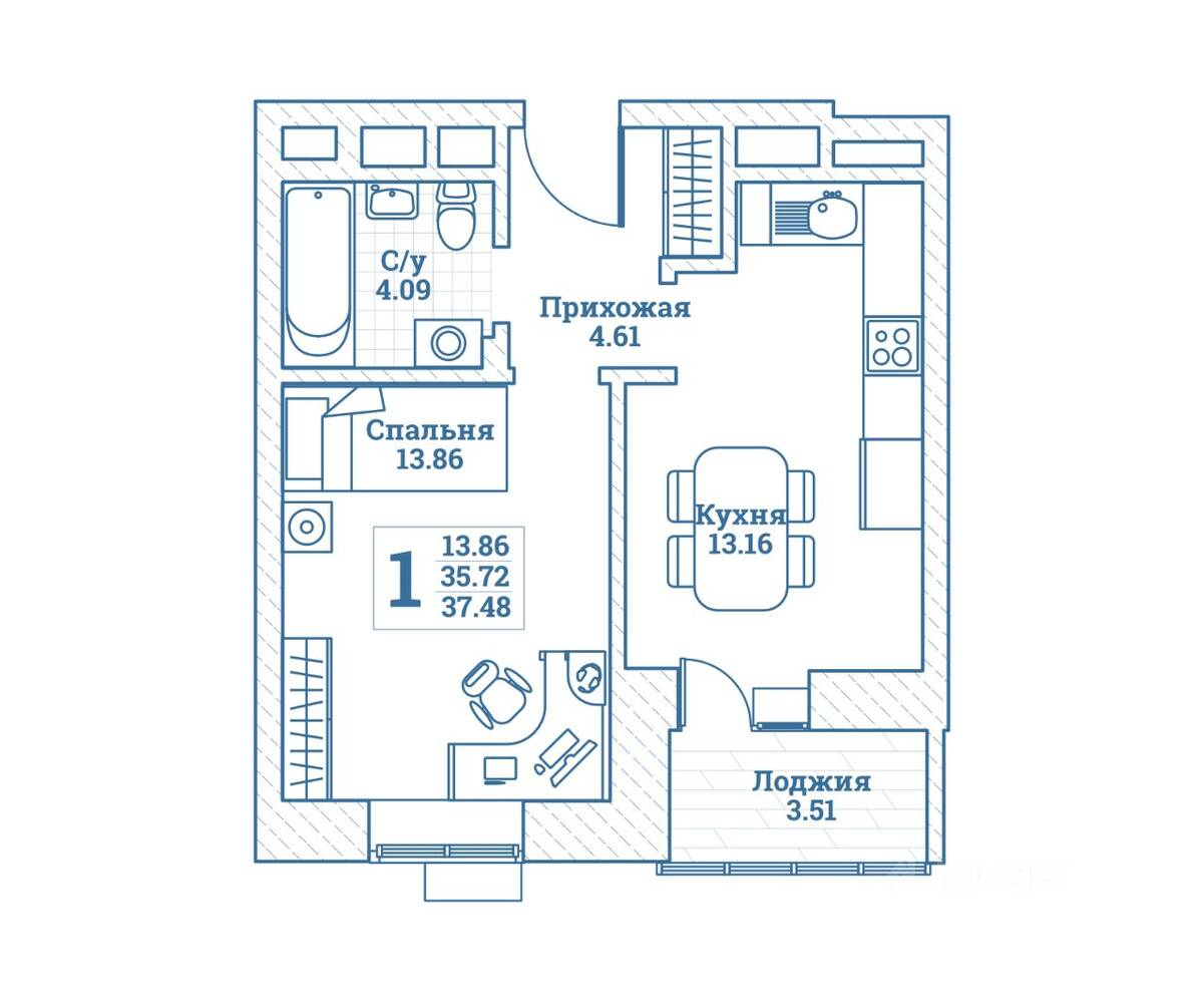 1-комн. квартира, 37,48 м², в ЖК Новоград Монино