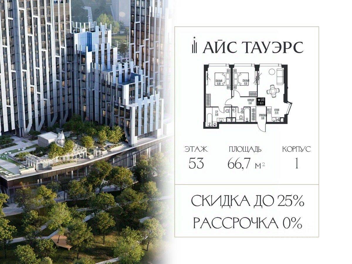 2-комн. квартира, 66,7 м², в ЖК ICE Towers
