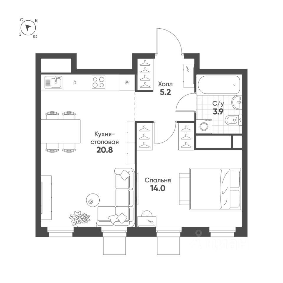 1-комн. квартира, 43,9 м², в ЖК Жилой квартал Shagal