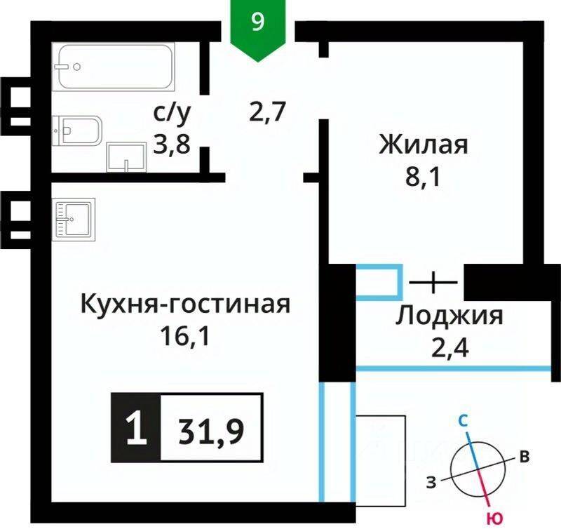 Планировка 1 комнатной квартиры, 31 м², в «Лесная Отрада»