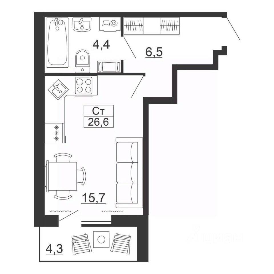 Квартира-студия, 26,6 м², в ЖК Рубеж