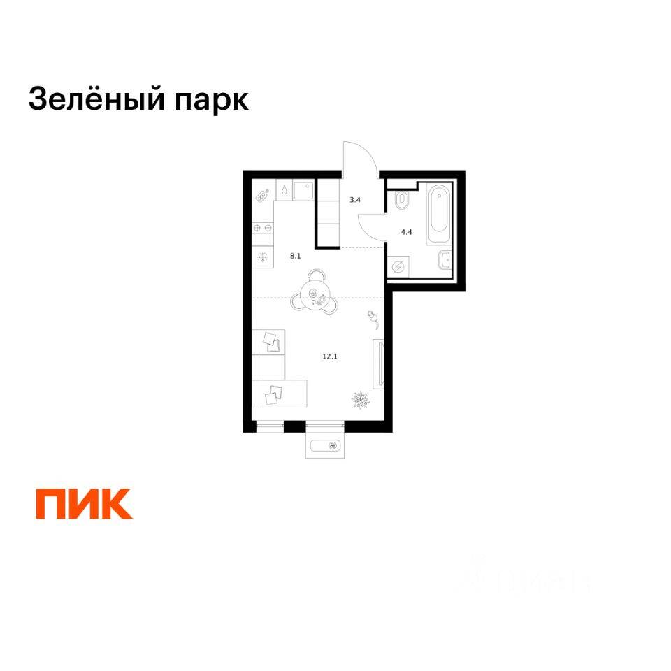 Квартира-студия, 28 м², в ЖК Зеленый парк