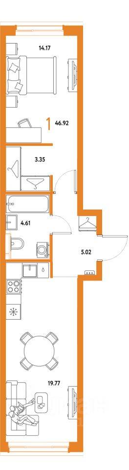 1-комн. квартира, 46,92 м², в ЖК Страна.Парковая