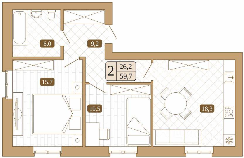 Планировка 2 комнатной квартиры, 59.7 м², в «Белый город (Сергиев Посад)»