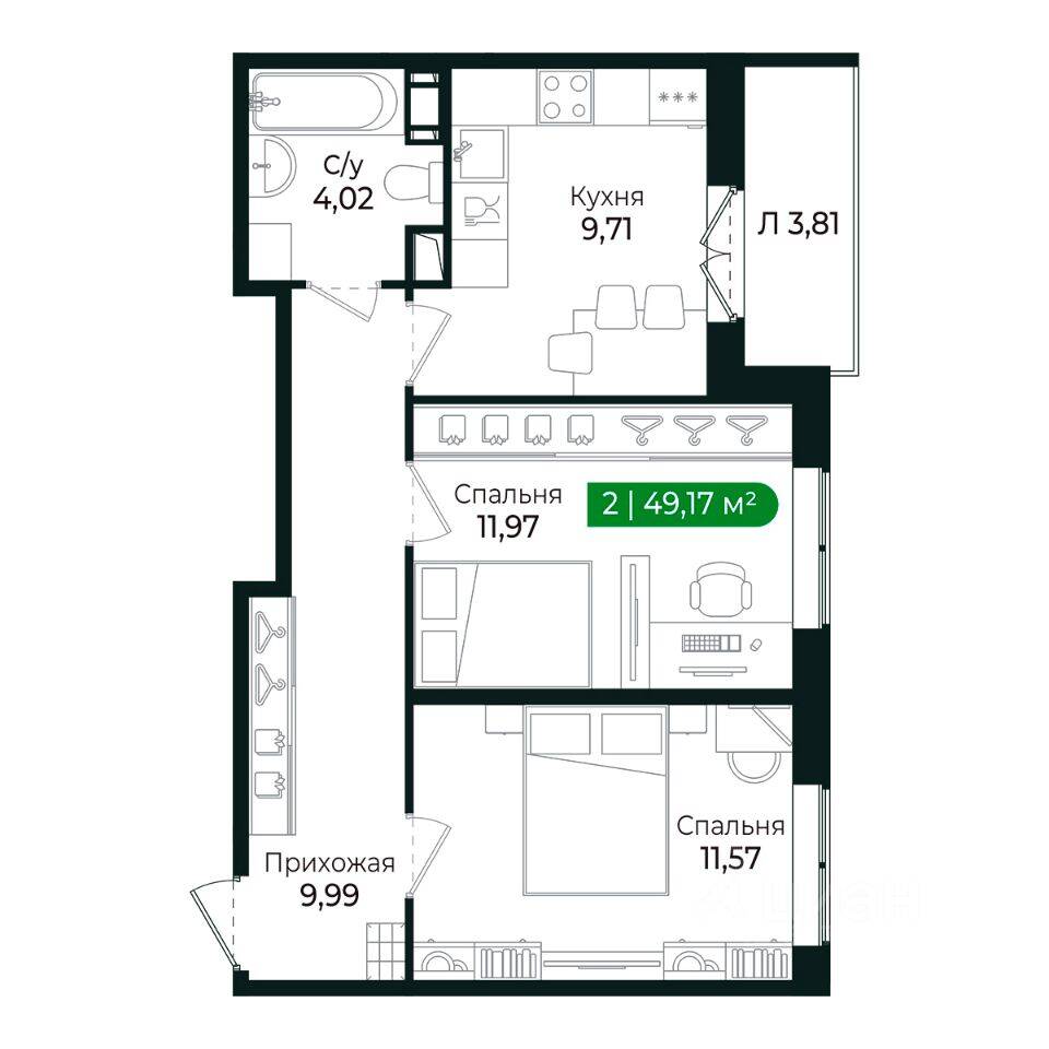 2-комн. квартира, 46,8 м², в ЖК Sertolovo Park
